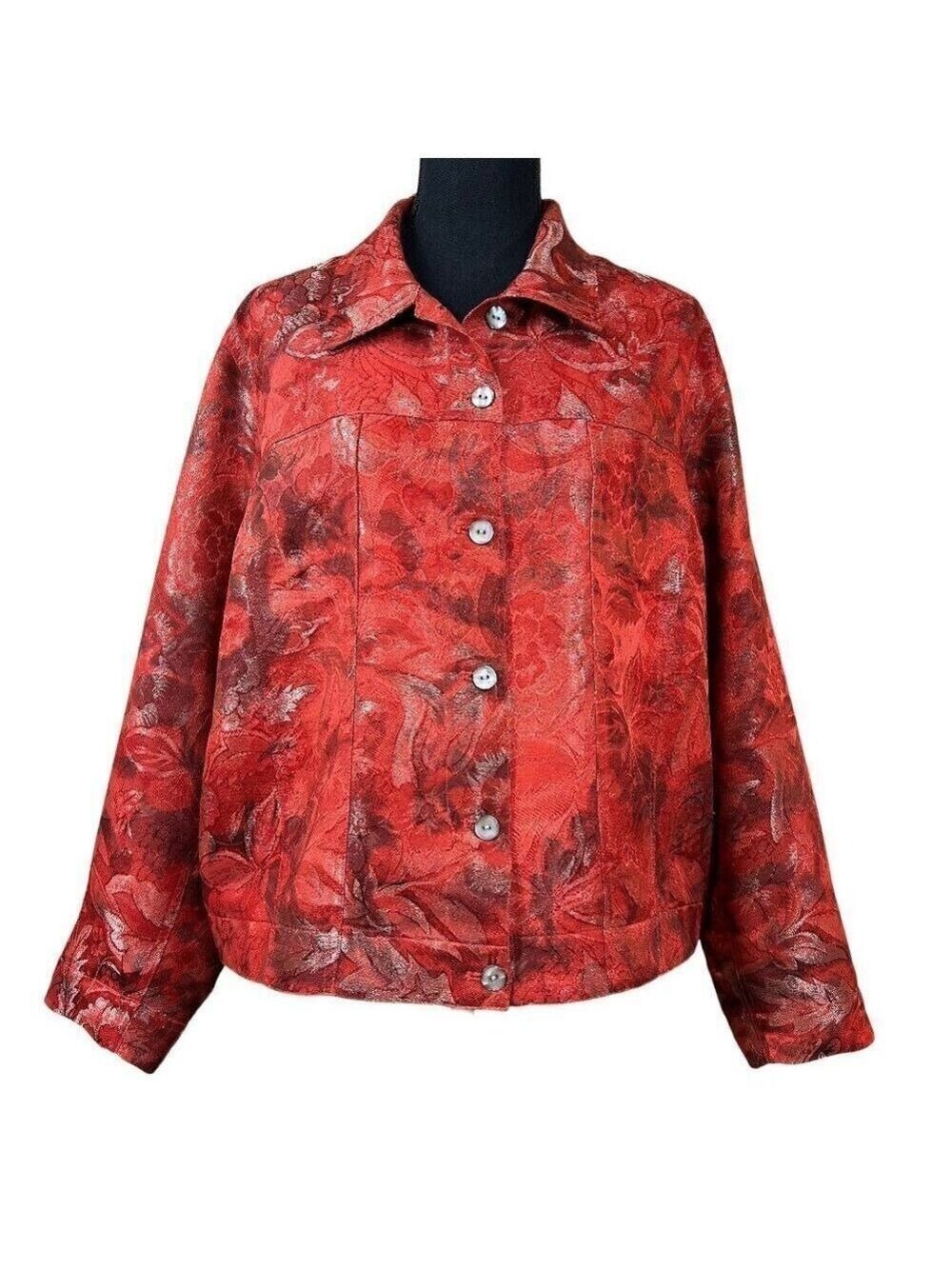 Chico's Red Metallic Silk Blend Button-Up Jacket Plus Size XL 16